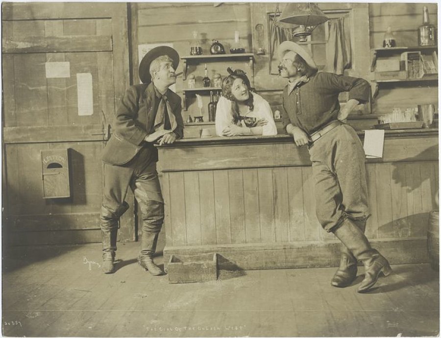 Blanche Bates (center) starred in the 1905 premiere of David Belasco's "The Girl of the Golden West." (New York Public Library Digital Collection)