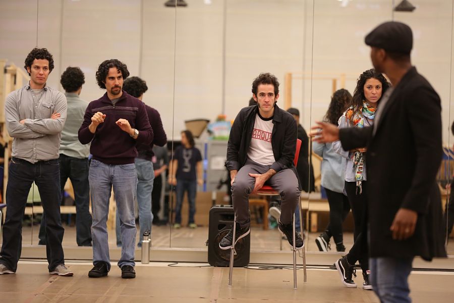 Director Thomas Kail, music director Alex Lacamoire, choreographer Andy Blankenbeuhler, associate choreographer Stephanie Klemons, and Leslie Odom Jr. in rehearsal for the Public Theatre production of "Hamilton" at New 42 Studios. (Photo by Joan Marcus)