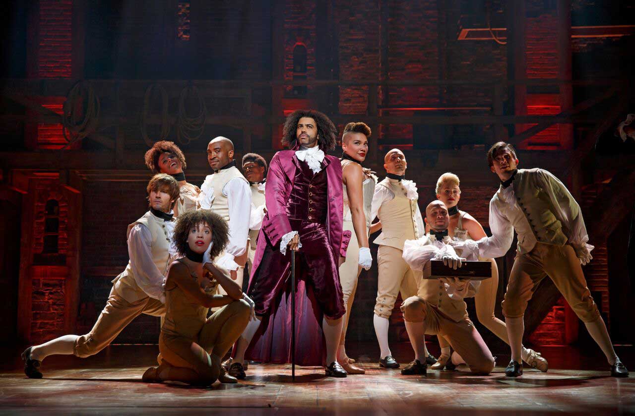 Daveed Diggs (center) as Thomas Jefferson in "Hamilton." (Photo by Joan Marcus)
