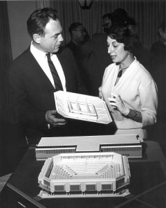 Architect Harry Weese with Zelda Fichandler and the model for the original Arena Stage.