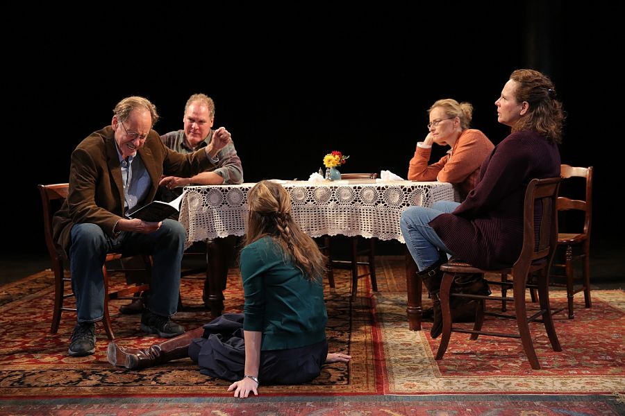 Jon DeVries, Jay O. Sanders, Sally Murphy, Laila Robins, and Maryann Plunkett in "That Hopey Changey Thing" at the Public Theater. (Photo by Joan Marcus)