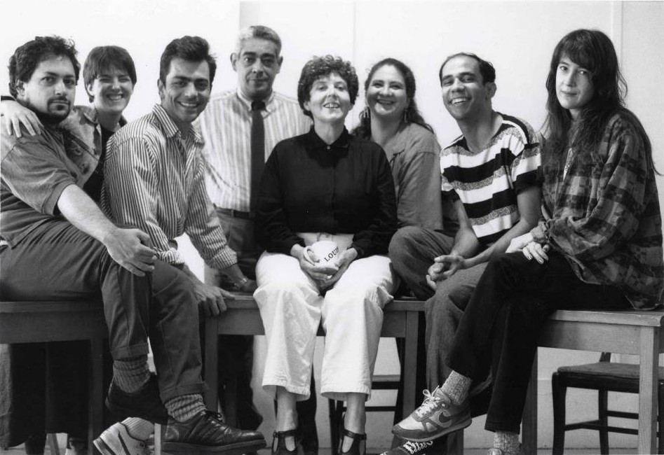 Maria Irene Fornes surrounded by her students in the Hispanic Playwrights in Residence Lab at INTAR in 1988.