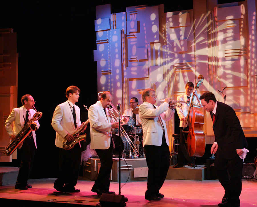 Jake Broder and band in "Louis & Keely: Live at the Sahara," at the Geffen Playhouse, where it ran after beginning at Sacred Fools. (Photo by Michael Lamont)