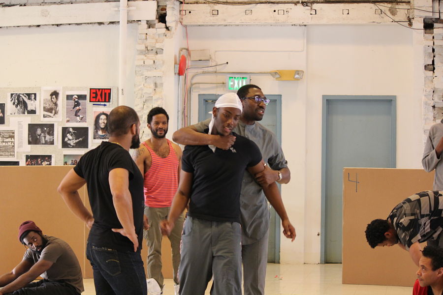 Gary Kayi-Fletcher, Mitchell Brunings, Luke Forbes, Shayne Powell and Kwame Kwei-Armah in rehearsal for "Marley" at Center Stage in Baltimore. (Photo by Katherine Marmion)