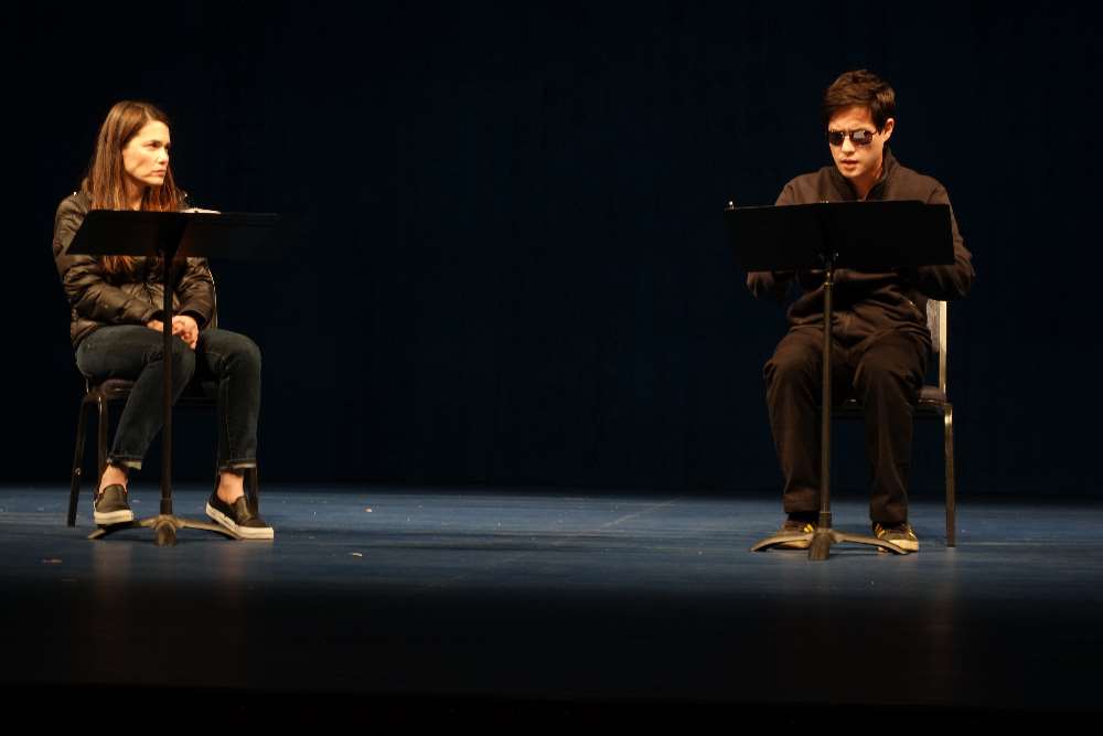 Kimiko Gellman and Raymond Lee in a reading of "Office Hour" by Julia Cho at South Coast Repertory. (Photo credit:  Ben Horak/South Coast Repertory) 