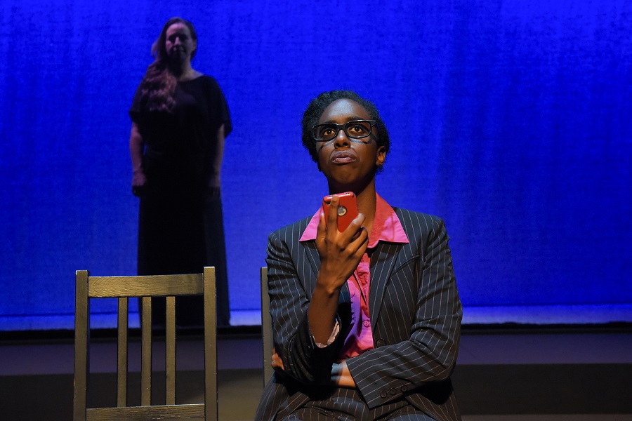 Morgan J. Booker (foreground) and Stephanie Prentice in "I'm Really Sorry About This," part of Best of PlayGround 20, presented in San Francisco by the Bay Area's PlayGround in 2016. (mellopix.com)