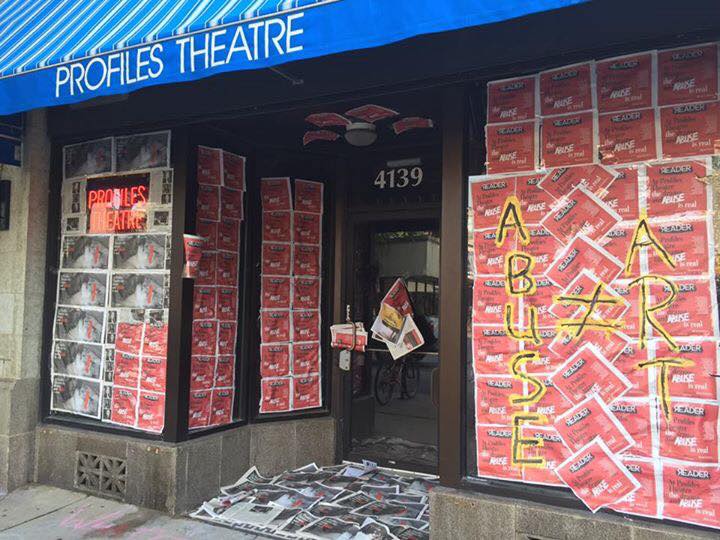 An uncredited Facebook photo showing copies of the 'Chicago Reader' pasted on the front of Profiles Theatre.