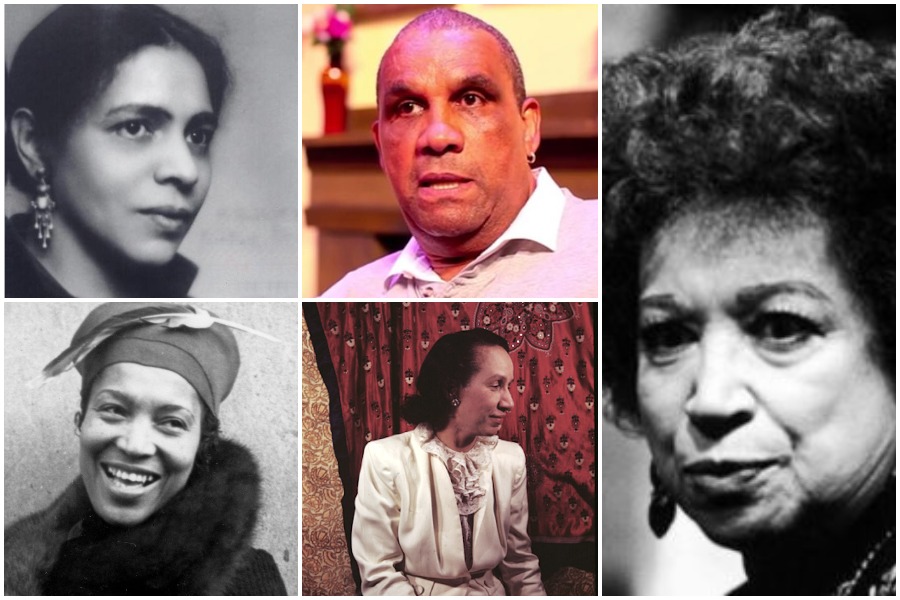 Headshots of 5 playwrights: Angelina Weld Grimké, Samm-Art Williams, Alice Childress, Shirley Graham Du Bois, and Zora Neale Hurston
