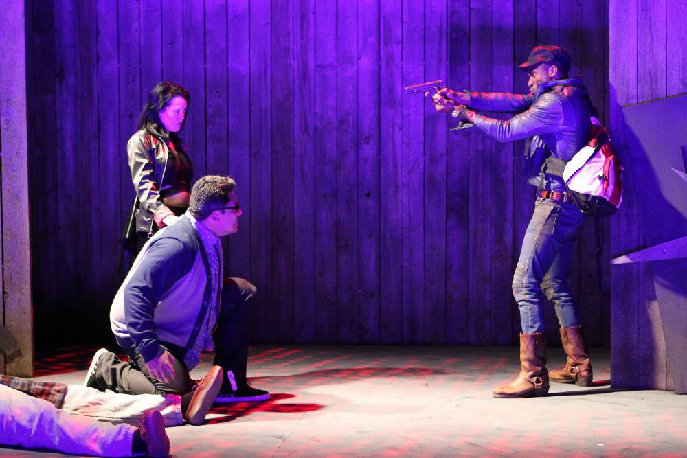 Nicky Schmidlein, Jon Hoche, and Sheldon Best in "Six Rounds of Vengeance" by Qui Nguyen, produced by Vampire Cowboys. (Photo by Theresa Squi)