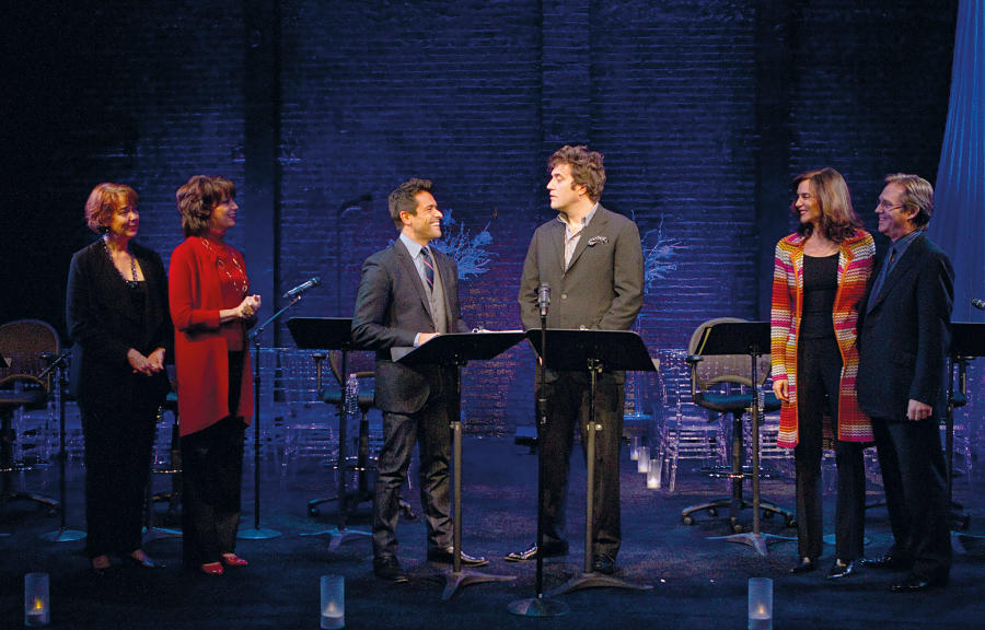 Harriet Harris, Beth Leavel, Mark Consuelos, Craig Bierko, Polly Draper, and Richard Thomas in "Standing on Ceremony: The Gay Marriage Plays" at the Minetta Lane Theatre in New York City in 2011. (Photo by Joan Marcus)