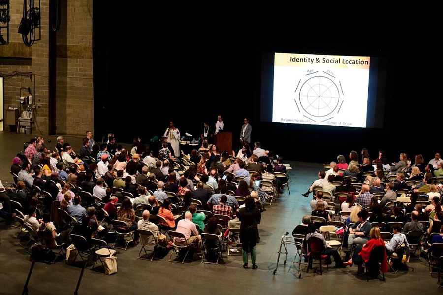A morning session on Day 1 of the TCG conference, on the stage of the Ohio Theatre. (Photo by Roger Mastroianni)