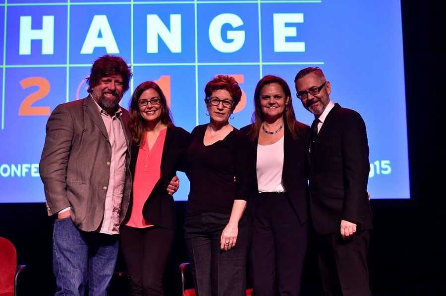 Public Theater artistic director Oskar Eustis, director Lear deBessonet, playwright/performer Lisa Kron, TCG executive director Teresa Eyring, and TCG managing director Kevin Moore. (Photo by Roger Mastroianni)