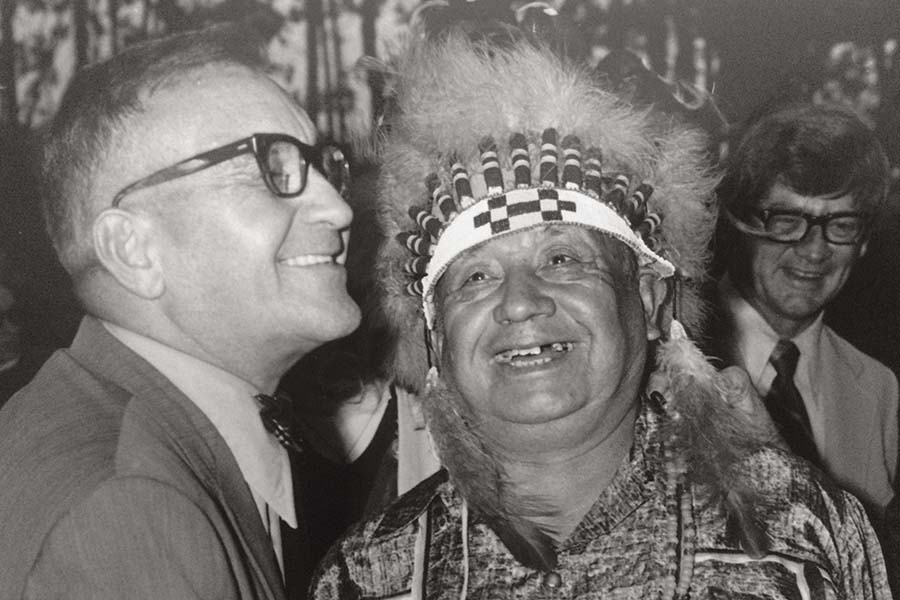 Arthur Rolette, chief of the Absentee Shawnee Tribe, who was involved in the creation of "Tecumseh!," pictured with then U.S. Senator of Ohio Myrl Shoemaker (left) and playwright Allan W. Eckert (background) on the show’s opening night in 1973. (Courtesy of Brandon Smith)