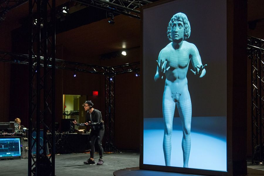 An actor gives life to a digital recreation of Tullio Lombardo's Adam sculpture at the Metropolitan Museum of Art. (Photo by Thomas B. Ling)