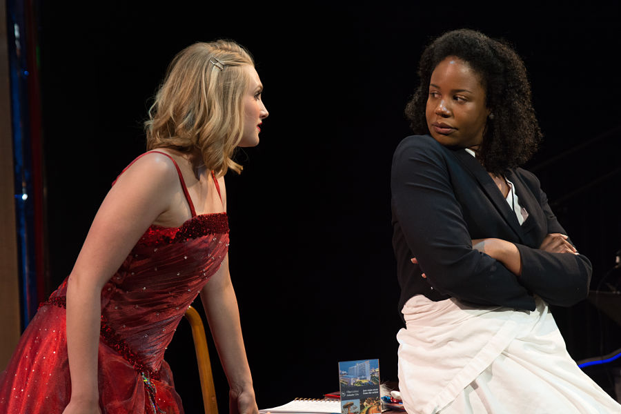 Maddie Jo Landers and Tangela Large in "The Taming" at Shakespeare & Co. (Photo by Enrico Spada)