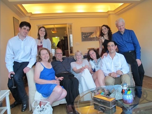 Tina Howe (center) with (from left) MA student Charles Gershman, MFA student Georgette Kelly, Lilly Berger, writer Lou Berger, MFA student Amy E. Witting, MFA student Camilo Almonacid, MFA student Nicole Pandolfo and dramaturg Mark Bly.