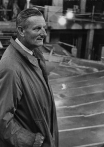 Tyrone Guthrie, 1962, at the site of the soon-to-be-opened theatre in Minneapolis.