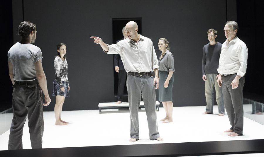 Mark Strong, center, and the cast of 'A View from the Bridge,' directed by Ivo van Hove at the Lyceum Theatre. (Photo by Jan Versweyveld)