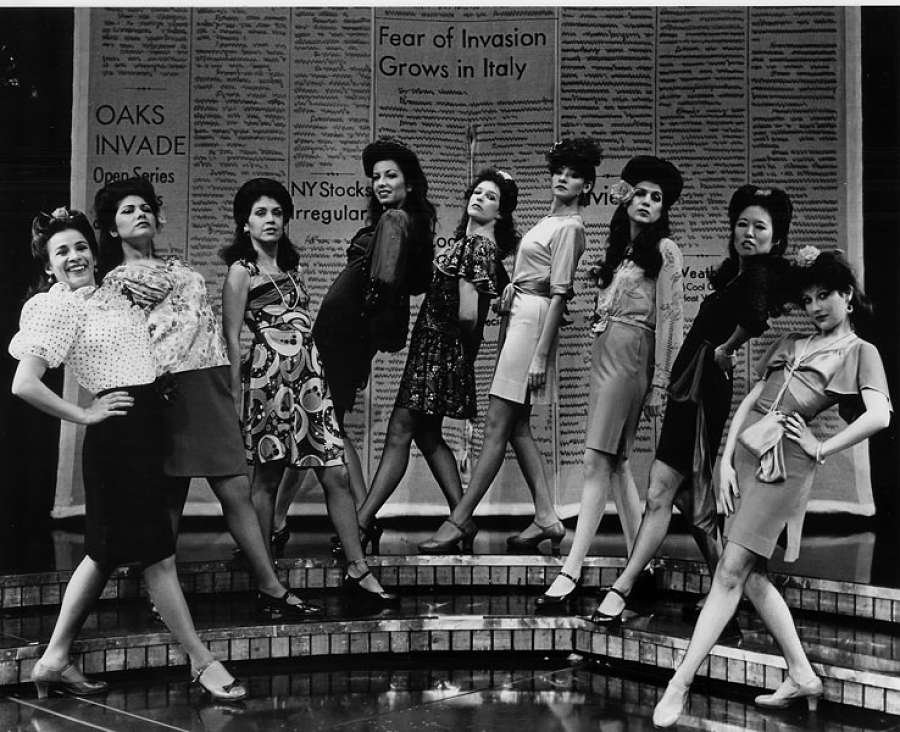 Alma Martinez, Rachael Levario, Anne Betancourt, Becky Gonzalez, Laura Owens, Bel Herandez, Evelina Fernandez, Susie Inyoue, and Dyana Ortelli in "Zoot Suit," 1979.